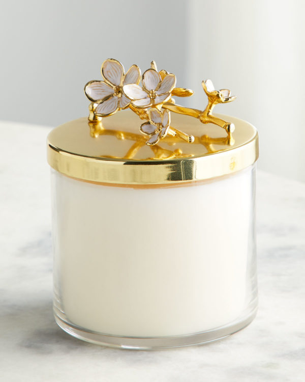 spring decorating with white Michael Aram cherry blossom candle