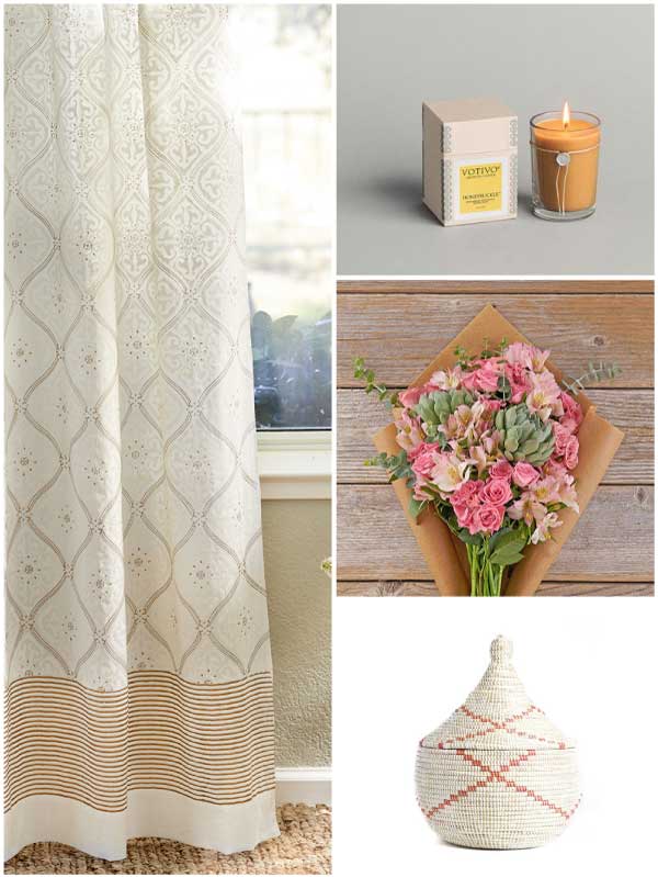 spring decorating with white curtains, pink flowers, honeysuckle candles and elegant decor