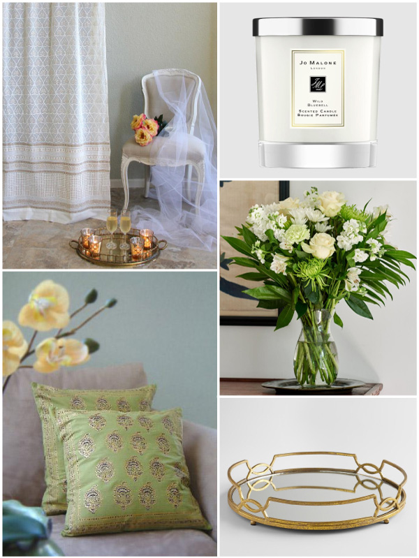 spring decorating with white and green, white flowers, green pillows, gold tray, and bluebell candle