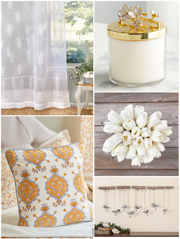 spring decorating with white and yellow accents, white tulips, cherry blossom candle, and sheer white curtains