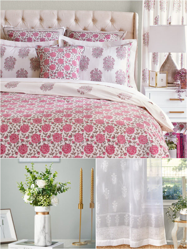Collage of Dahlia Daydreams bedding, white sheer curtains, and marble vase with fresh flowers