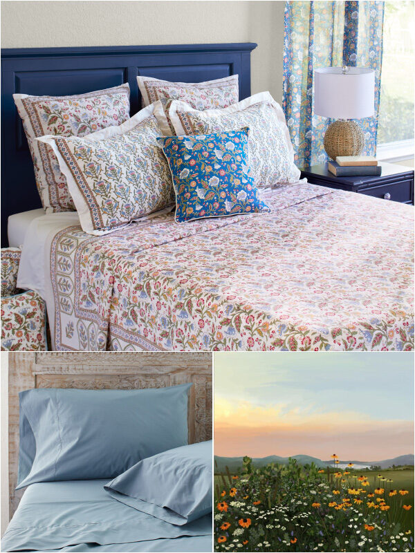 Enchanted bedding, blue sheets, and landscape painting collage