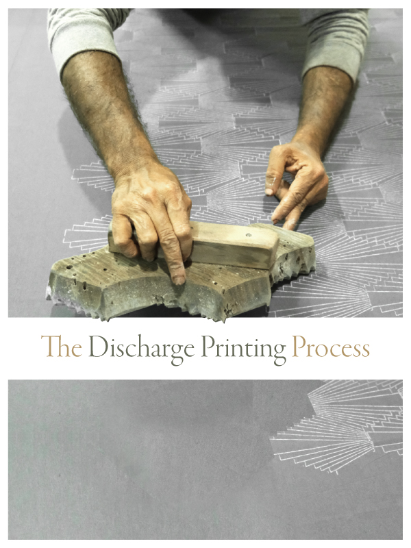 hand block printing with label that says the discharge printing process