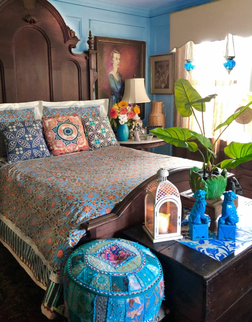 global chic bedroom with moroccan decor
