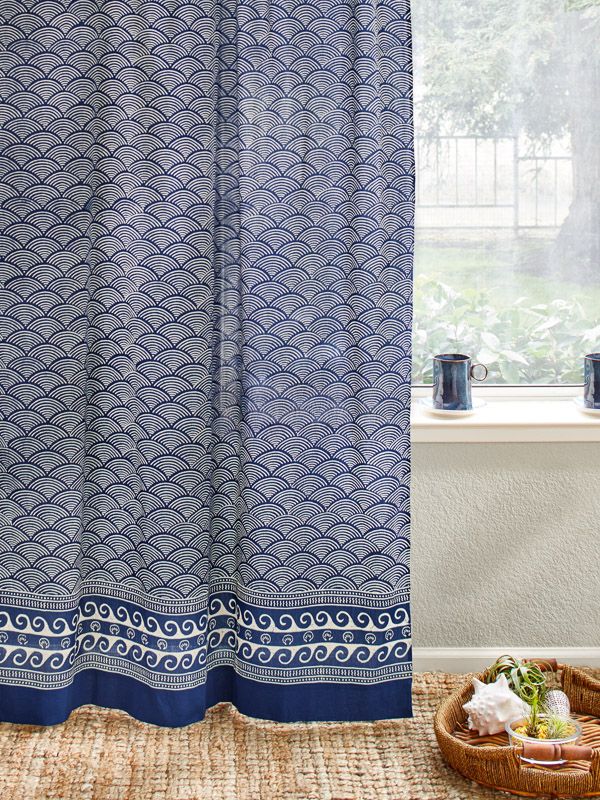 indigo and cream coastal curtains with wave pattern