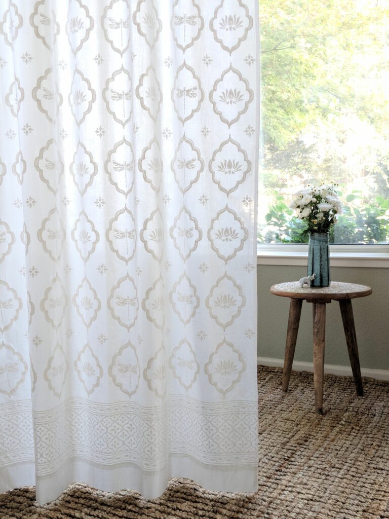 white lotus flower print and dragonfly fabric curtain
