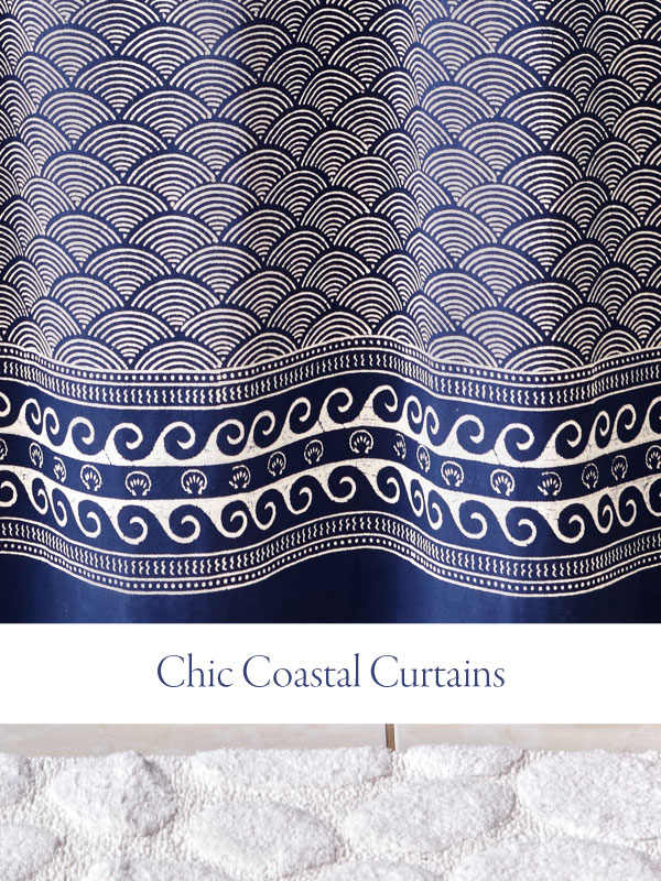 navy and cream colored curtains with wave pattern and sign that says Chic Coastal Curtains