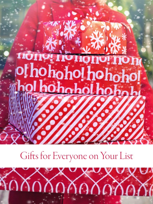 Stack of red and white packages with banner that says Gifts for Everyone on Your List