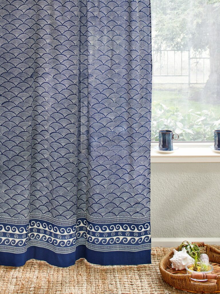 navy blue coastal curtains panel with wave pattern