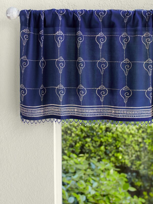 navy coastal curtains with shell pattern and beaded trim