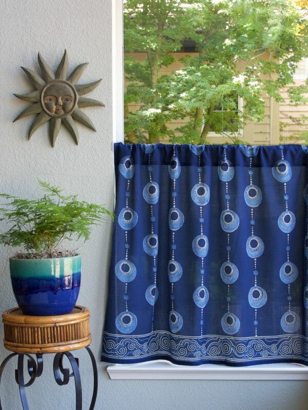 blue coastal cafe curtain with boho pattern