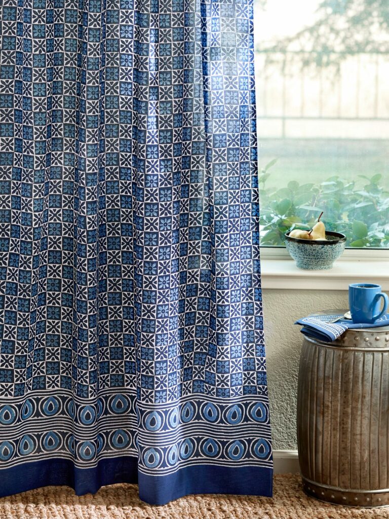 blue batik curtain panels, handmade and fair trade