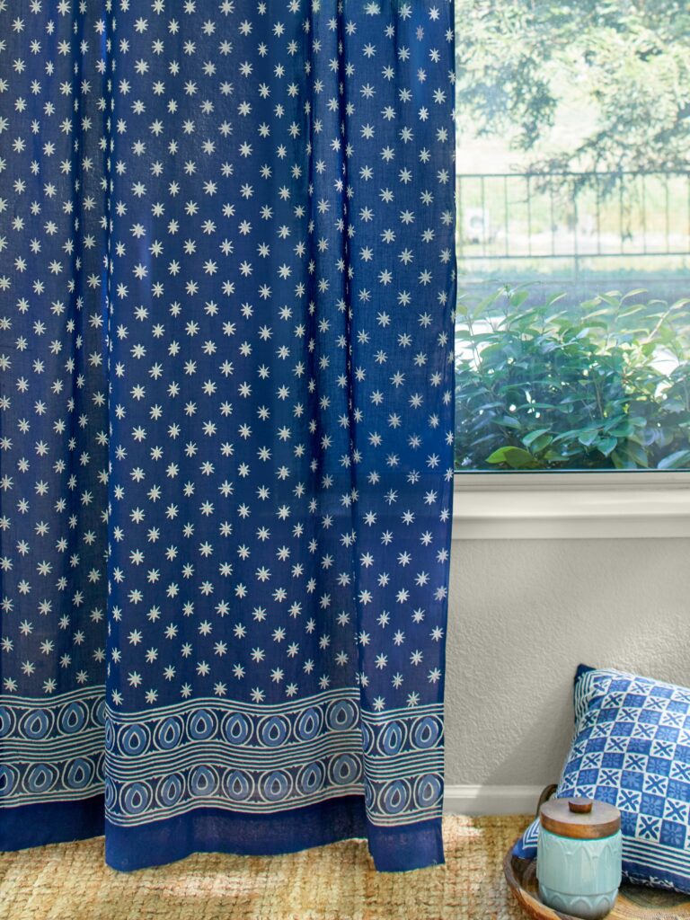 indigo blue curtain panel with white star pattern