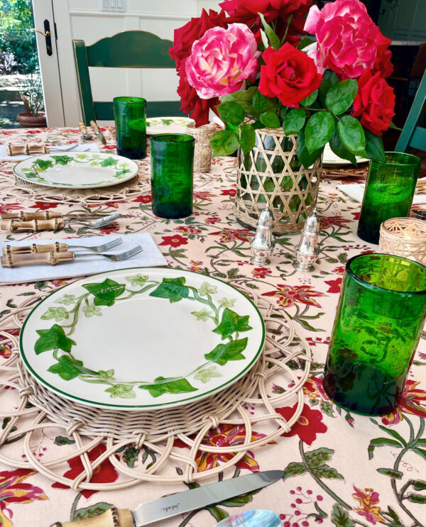 holiday tablecloth with red and green floral print