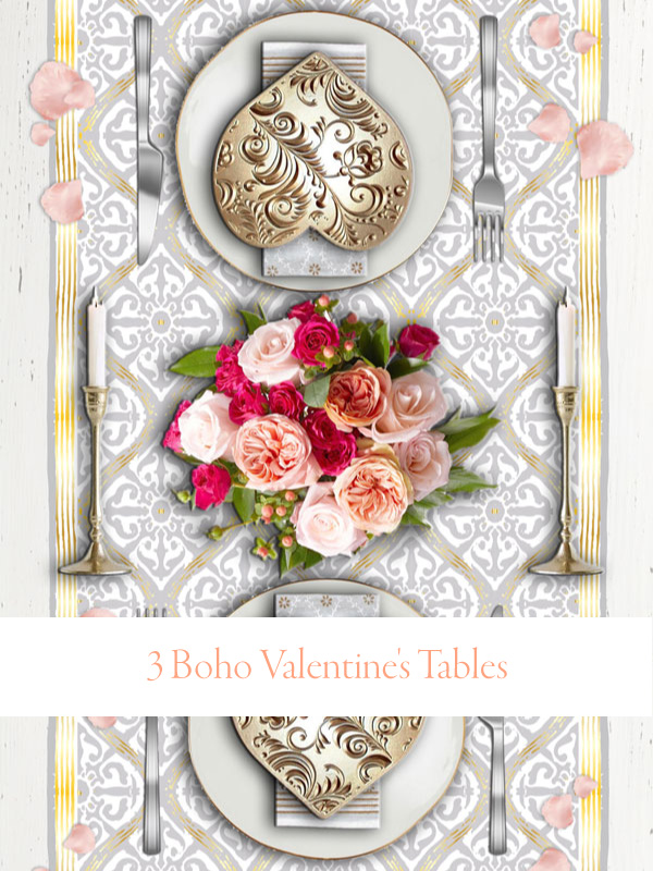 gold and white valentine table runner with floral centerpiece and banner that reads 3 Boho Valentine's Tables