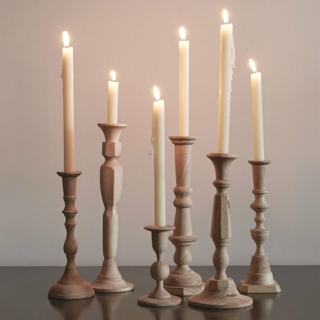 taper candle holders in natural wood