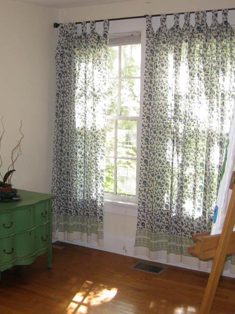 green and blue vine print curtain panels