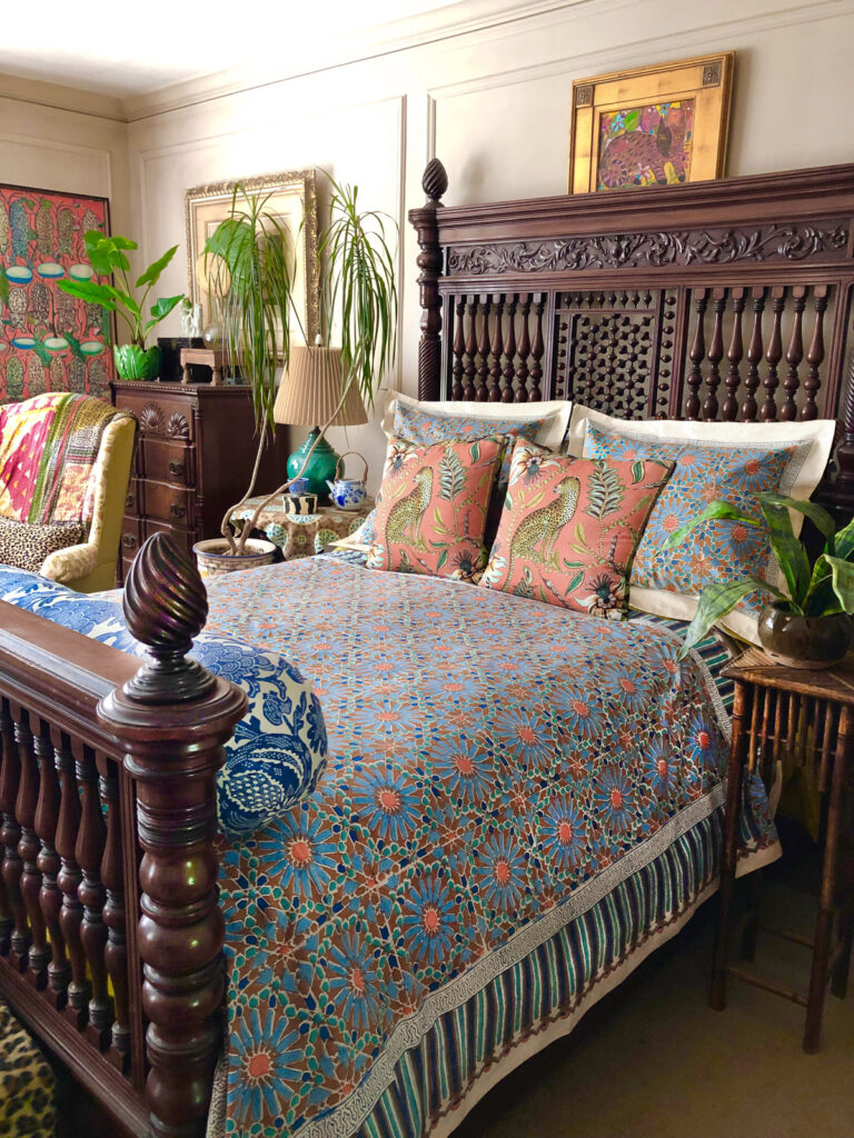 colorful bedding and eclectic decor
