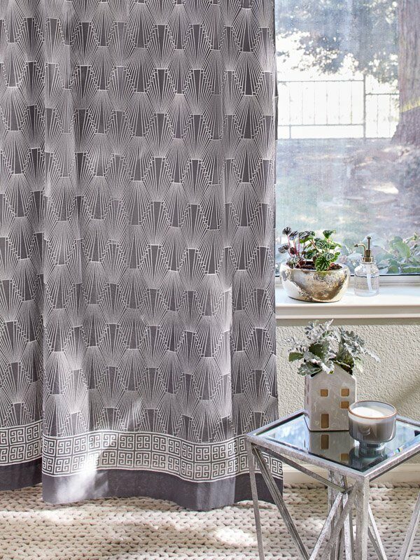 grey shower curtain with Art Deco geometric design