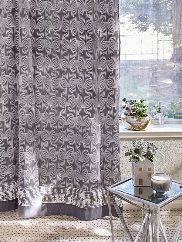 grey shower curtain with geometric design and Art Decor pattern