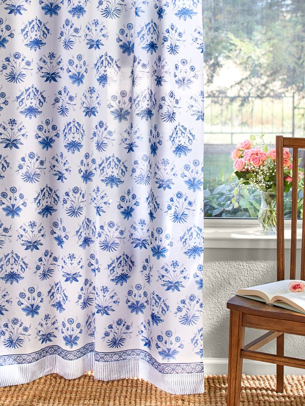 white and blue floral cottage curtains