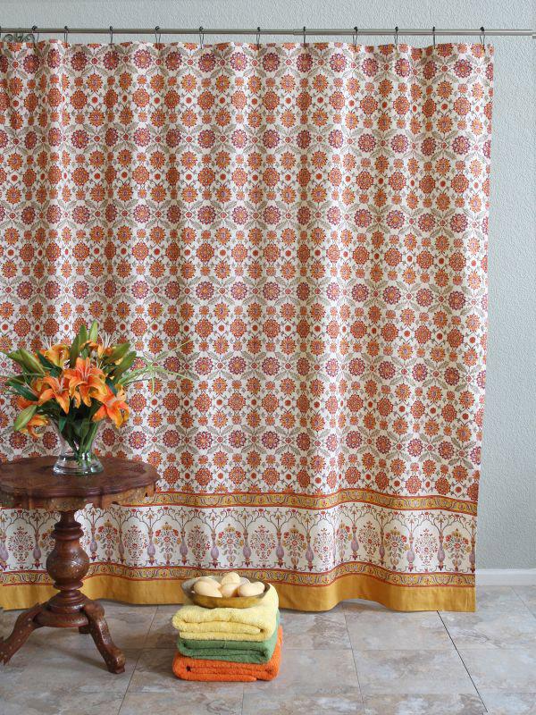 orange floral boho shower curtain