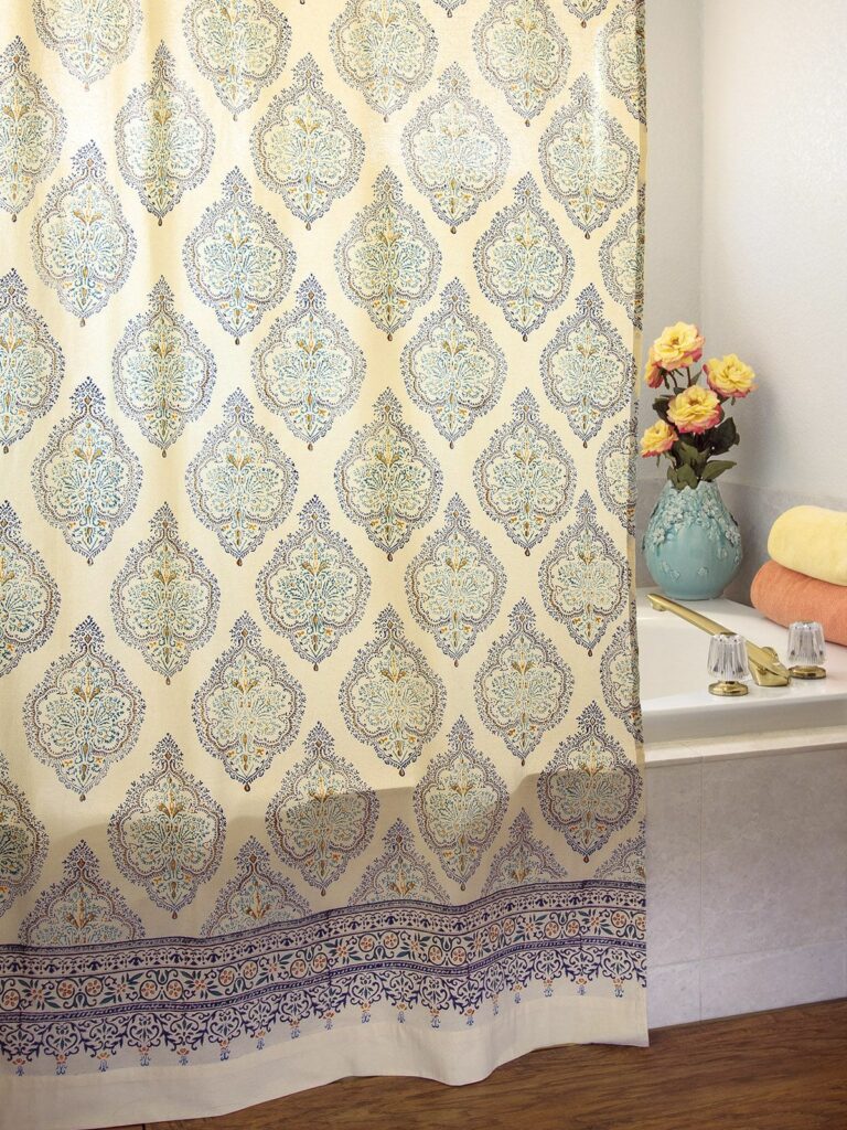 yellow shower curtain with medallion pattern