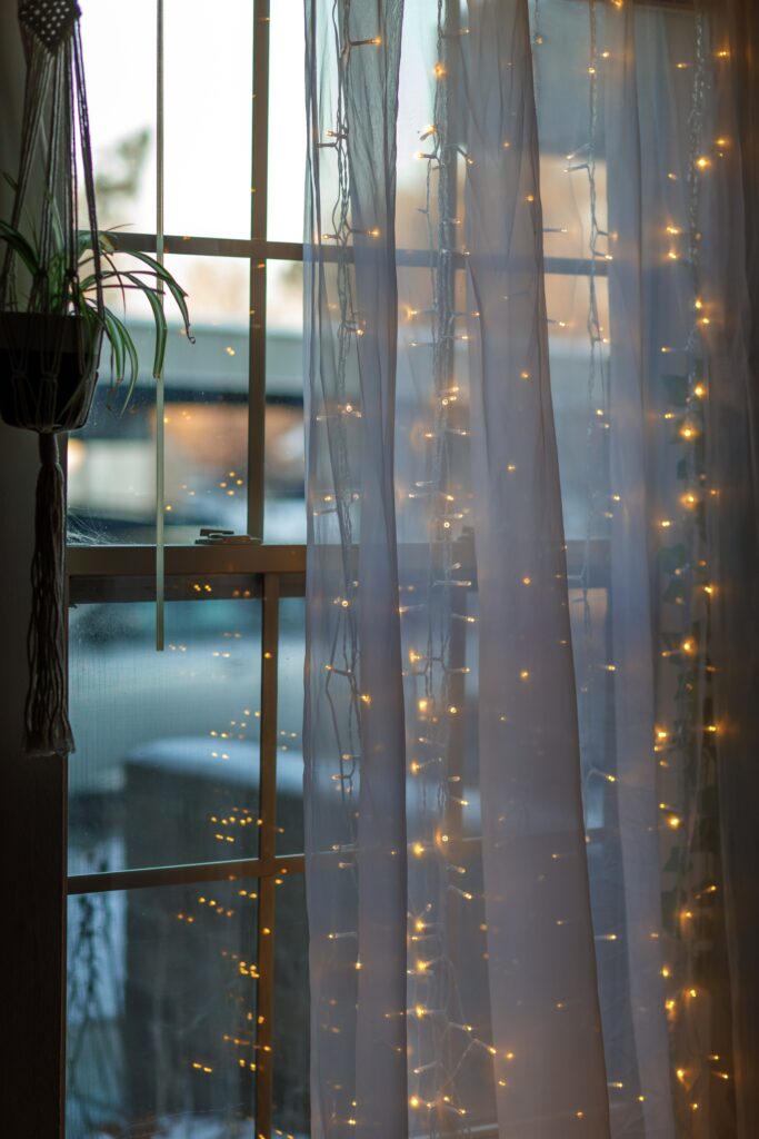 hygge style window with fairy lights