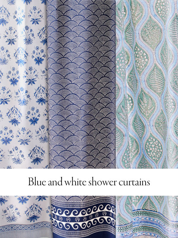 Blue and white shower curtains