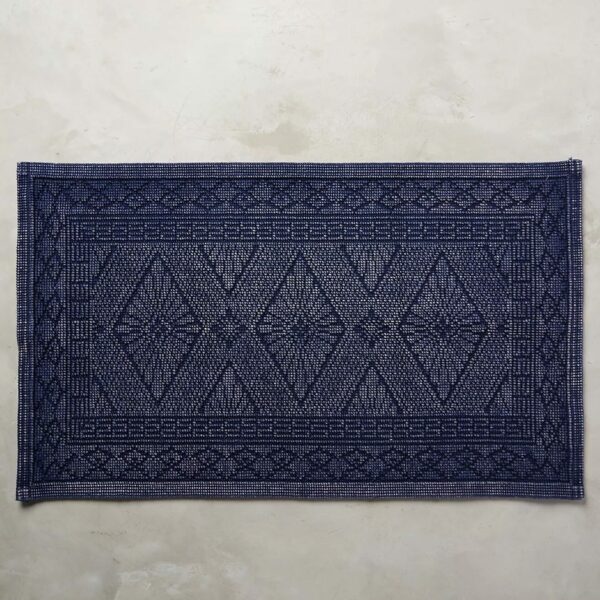 Rectangular, navy blue rug with diamond pattern in blue