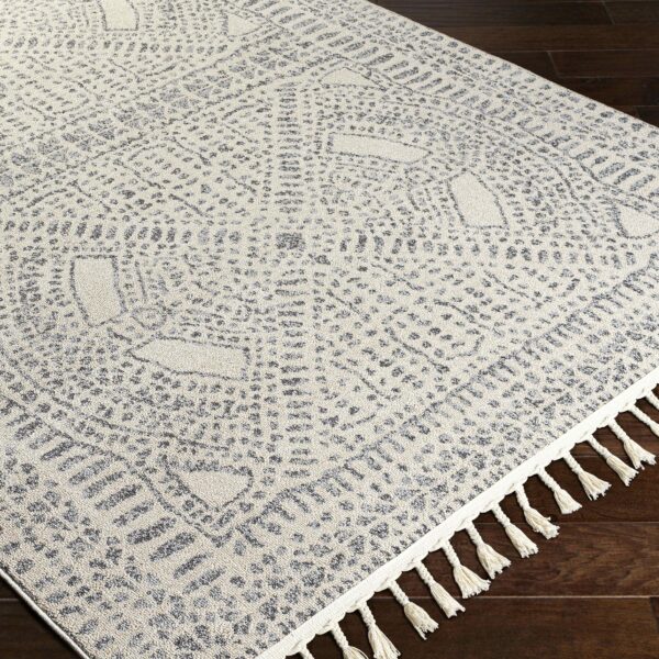 A cream and gray rug with a fringe tassel and geometric design