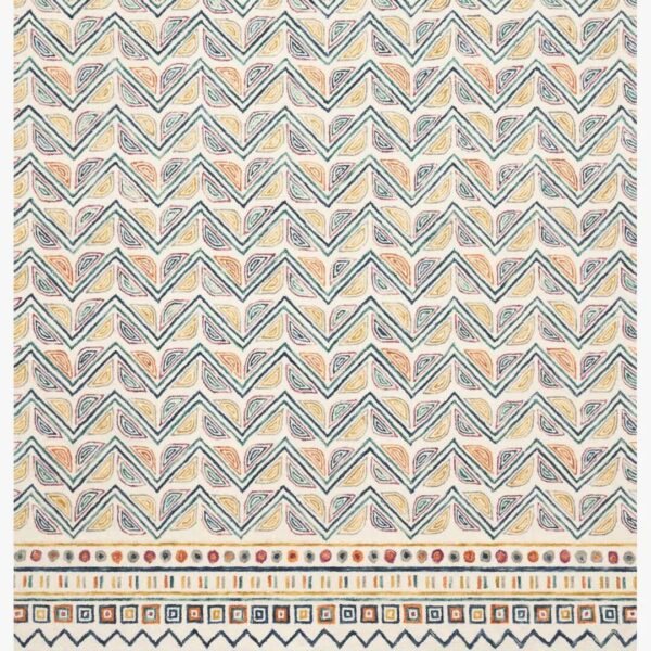 A Chevron print rug with pink, gray, and blue