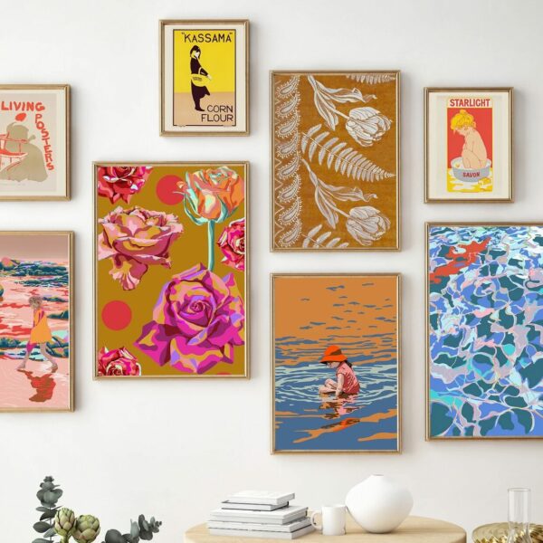A wall gallery set of eight colorful prints in varying sizes