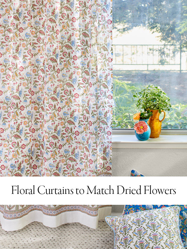 hero image of floral curtains with text overlay floral curtains to match dried flowers