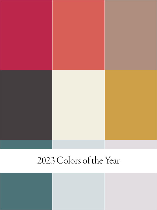 A collage of the nine color swatches with overlaid text that reads "2023 Colors of the year"