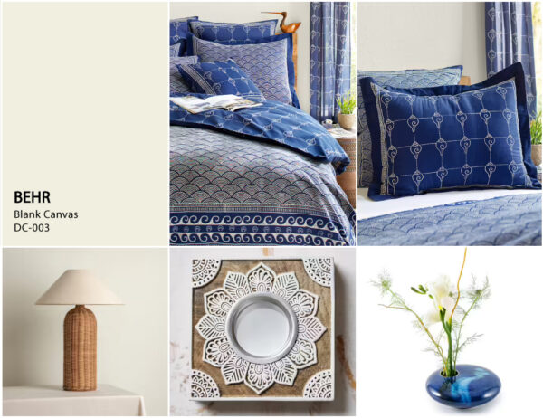 A collage featuring the 2023 color of the year Blank Canvas from Behr, navy bedding, and other decorative elements for a Japandi style bedroom.
