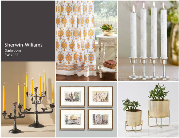Design collage using Sherwin-Williams 2023 color of the year  Darkroom SW 7083, Versailles curtains, and other decor that fits in with traditional, heritage style.