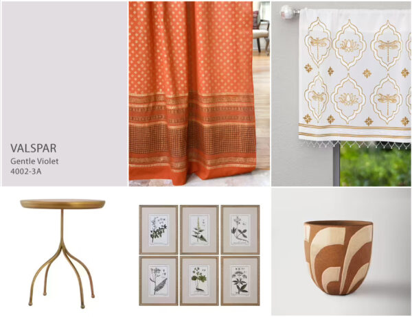 Photo collage of Valspar’s Gentle Violet 4002-3A , Shimmering Goldstone curtain panel, Dragonfly and Lotus window valance, and other warm-toned decor to demonstrate a warm color of the year.