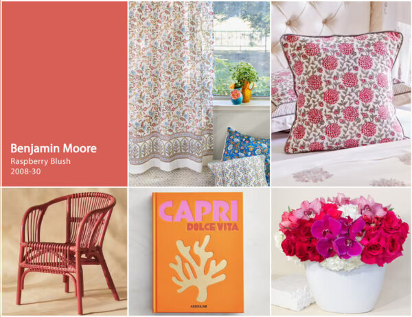 Photo collage of Benjamin Moore's 2023 color of the year Raspberry Blush and other floral elements for a feminine living room.