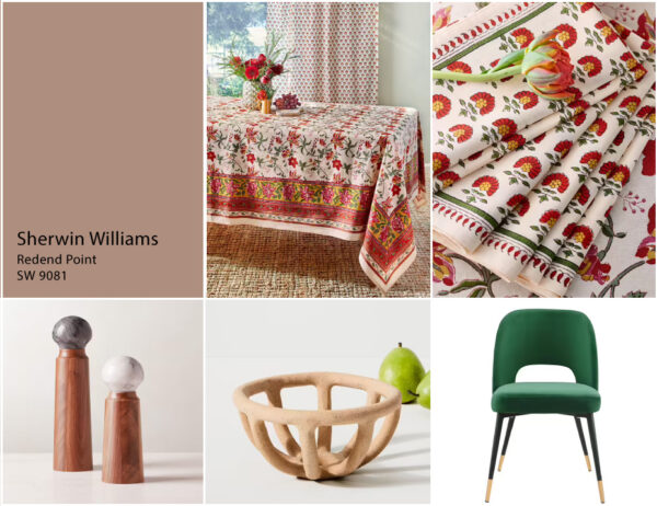 Photo collage of Sherwin Williams' 2023 color of the year Redend Point, tropical table linens, and earthy tone decor elements for a verdant dining area.