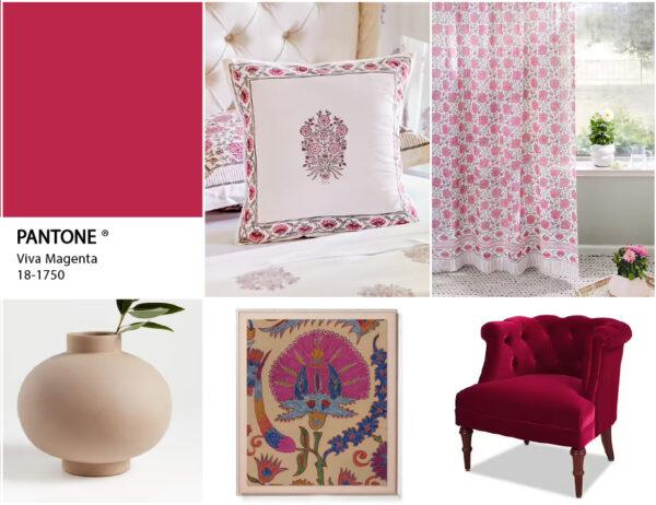 A design inspiration collage featuring Pantone Viva Mangeta 18-1750, Dahlia Daydreams linens, and pieces that complement magenta such as warm tan.