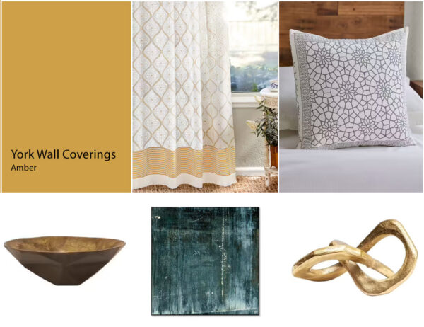 A collage featuring Amber from York Wall Coverings, Vanilla Glace curtain panel, Royal Mansour throw pillow, and gold and emerald decorative elements.