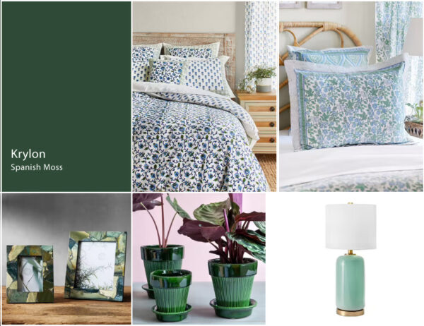 2023 color of the year Spanish Moss from Krylon and other botanical elements to match this deep green color.