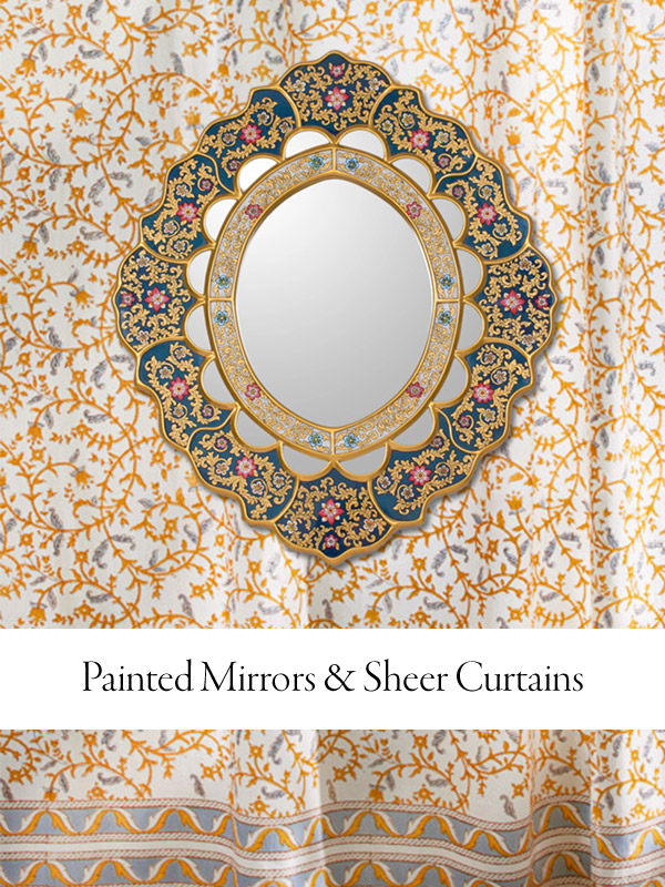 Hero Image of mirror on floral print with overlaid text painted mirrors and sheer curtains