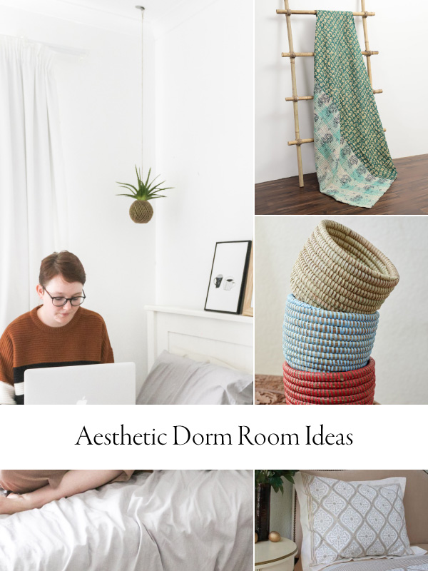 Image of a student sitting on their bed with a laptop with a three-image column of dorm room decor ideas on the right