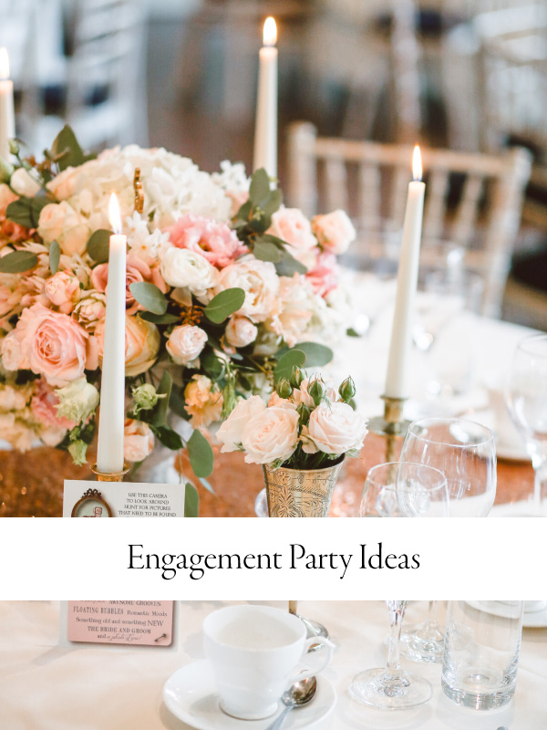 Photograph of a table setting with taper candles, a floral bouquet, and tableware on a white tablecloth with overlay text that reads "Engagement Party Ideas"