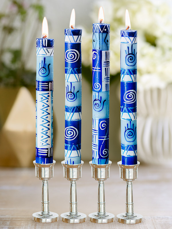 Hamsa blue protection hand-painted taper candles in silver candle holders