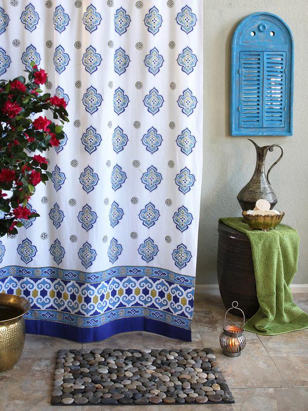 Casablanca Blues White Moroccan fabric shower curtain