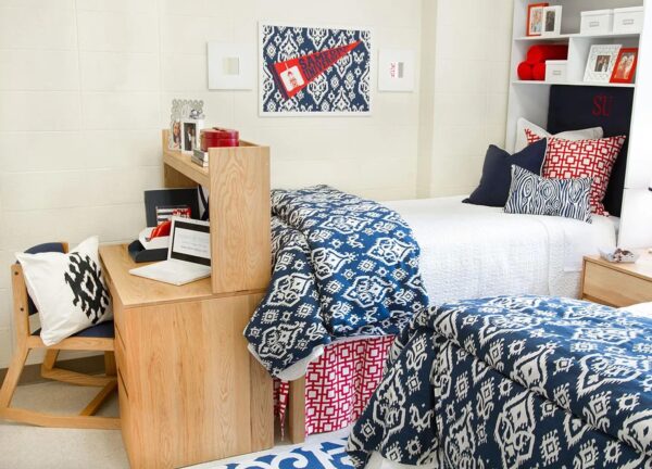 Dorm room ideas for guys who want a blue, white, and red color scheme