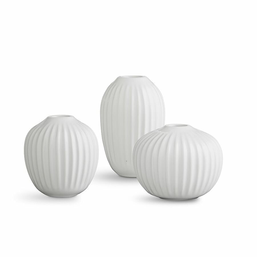 Set of three white mini vases with pleated texture design